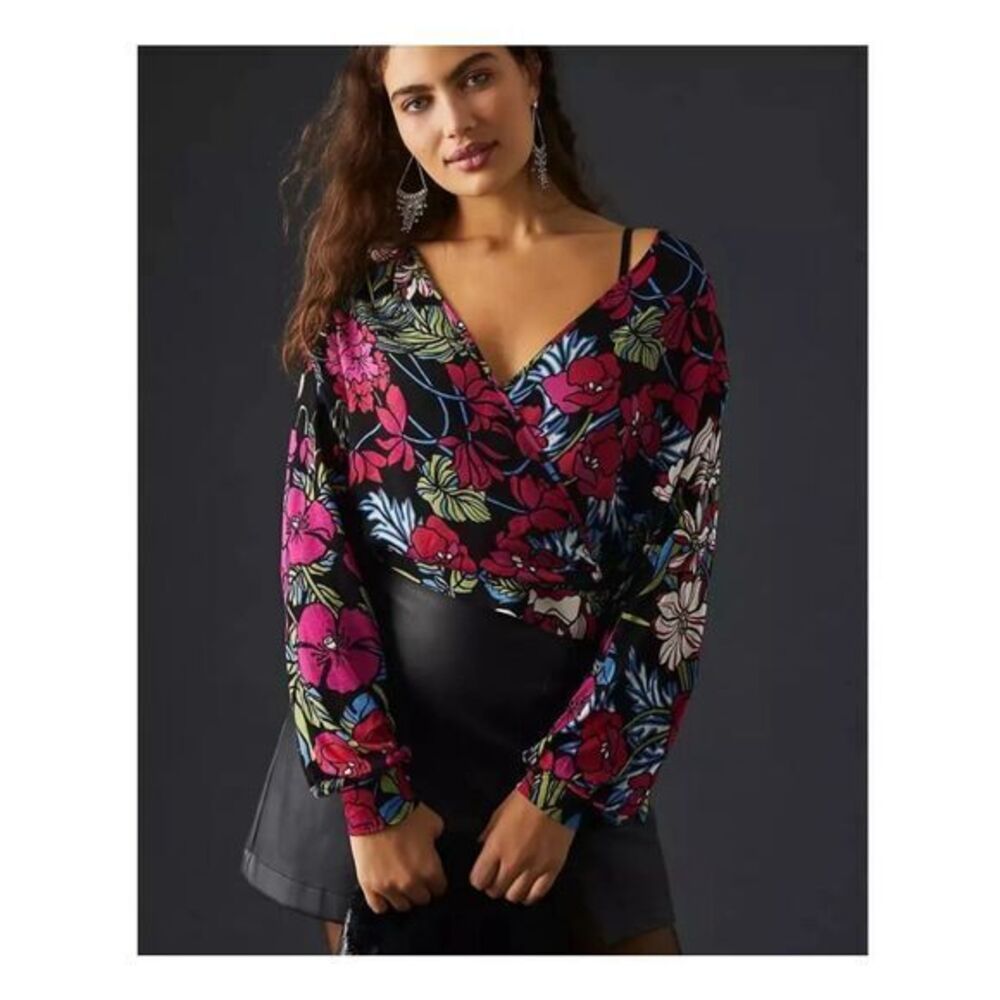 Anthropologie Dark Floral Wrap Blouse with Red and Pink Blooms - Picture 1 of 15